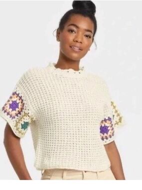 Universal Thread White  XL Crochet Knit Top Granny Square Sleeve Boho